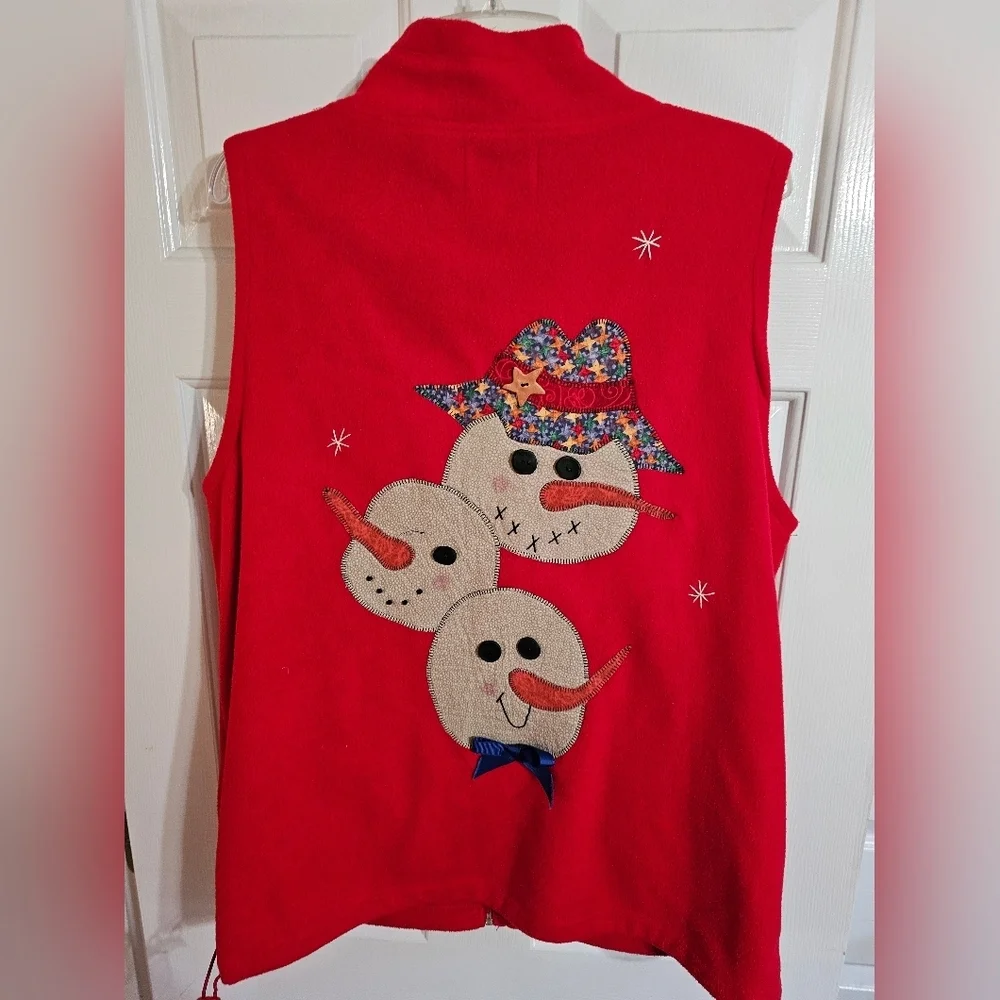 Nyl Wear Red Fleece Holiday Vest 1X Snowmen Mittens Appliqué Christmas Novelty - Picture 3 of 6